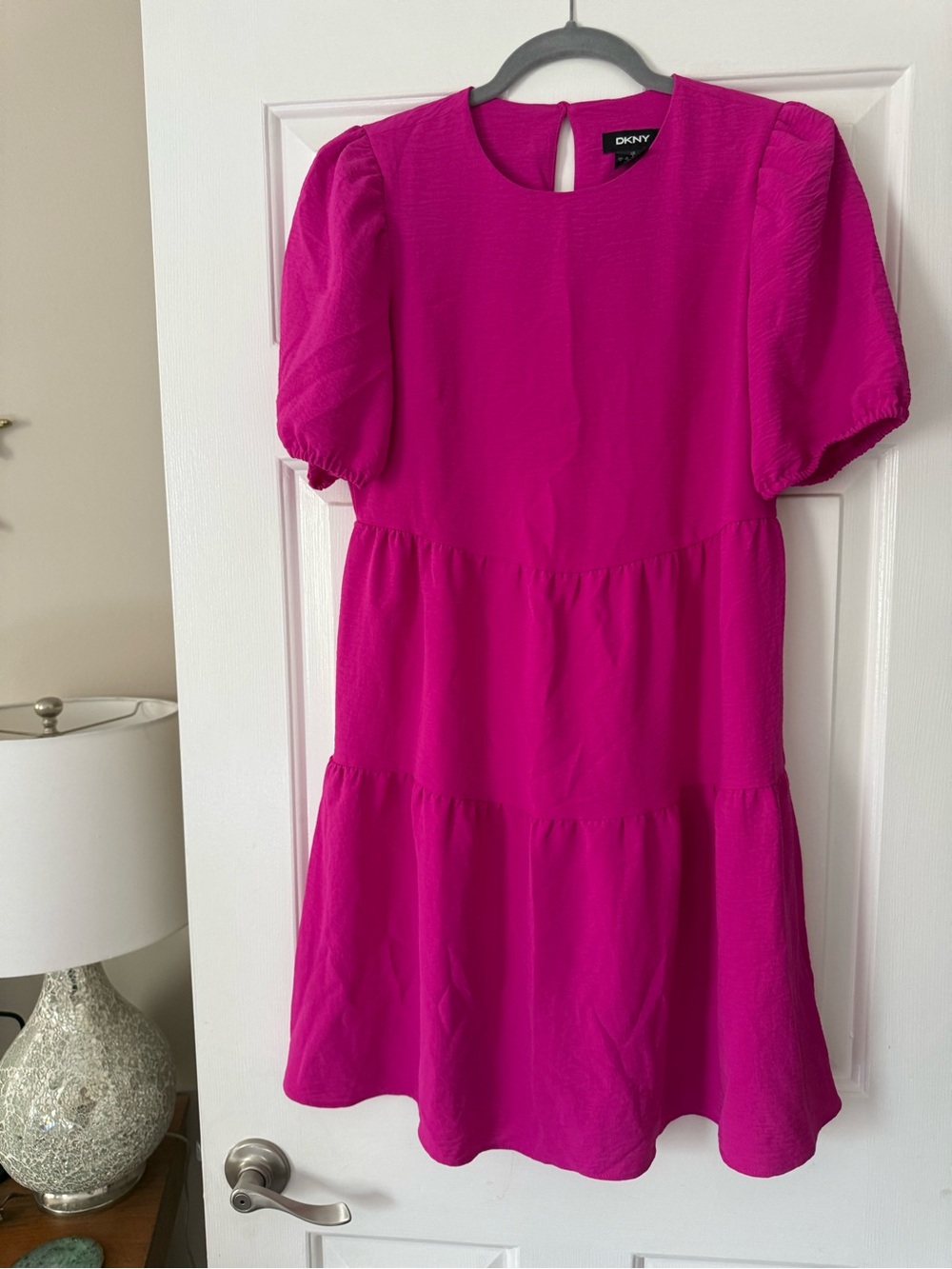 DKNY Fuchsia Tiered Puff-Sleeve Dress